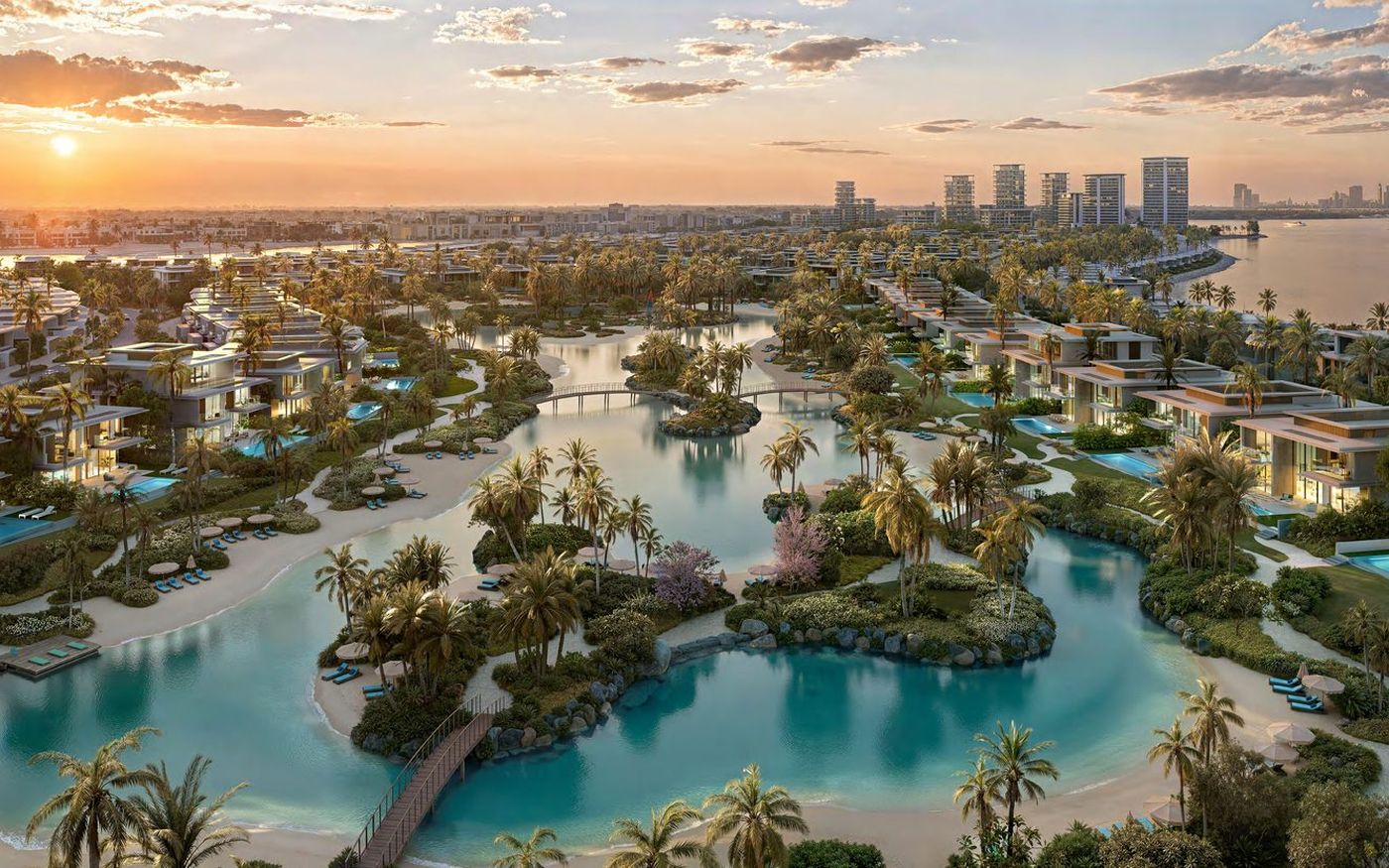 Bay Estate — the lagoon and villas at sunset (Nakheel render)