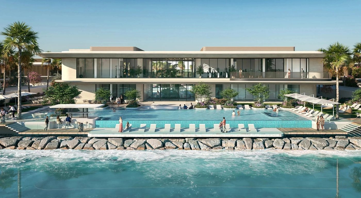 Yas Riva Reserve — clubhouse and pool on the canal (Aldar render)